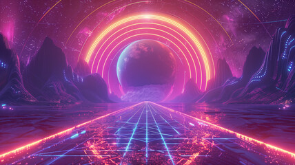 Wall Mural - Cosmic Space Station, Portal Neon light Glow, Abstract Landscape, with Mountains. Generative Ai