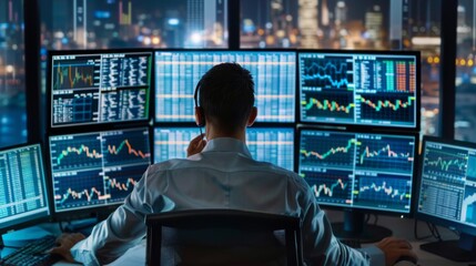 Poster - A trader monitoring stock market movements on multiple computer screens, reacting swiftly to changes in share prices and indices