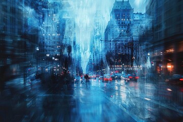 City buildings bathed in a mystical glow, rendered in an Impressionist style with ghostly blue and red hues.