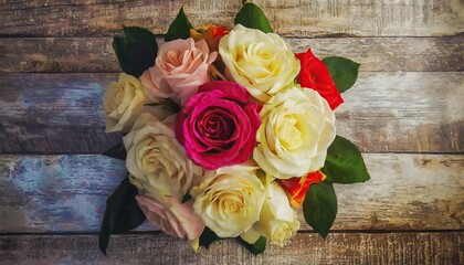 Wall Mural -  bouquet of roses on wooden background