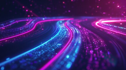 A background design of an abstract digital road with glowing lines, symbolizing the journey and speed in technology