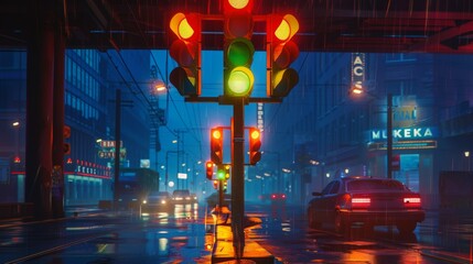 Aufkleber - A traffic light in the evening glow, illuminating the road as cars pass underneath, creating a vibrant urban scene