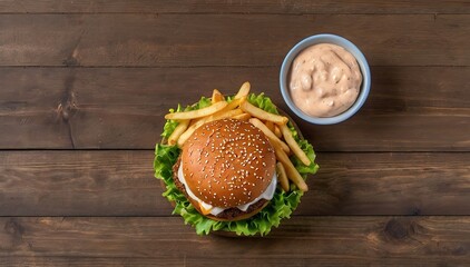 Sticker - Hamburger and potato French fries with ketchup on wooden table, top of view