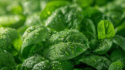 Wall Mural - Close-up of fresh, dewy spinach leaves in a bunch