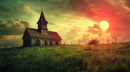 Poster - church at sunset