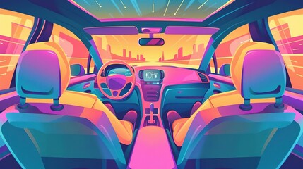 Neon-lit car interior with city skyline view.