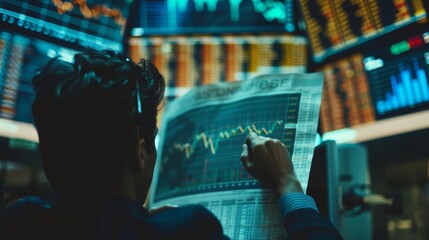 Poster - an investor studying stock market trends and performance graphs in a financial newspaper, seeking in