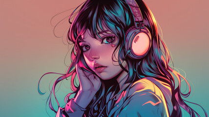 Wall Mural - Beautiful anime girl listening to lofi hip hop music with headphones cartoon drawing 8k quality 