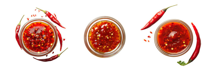 Wall Mural - Set of Chilli sauce on a glass bowl top view isolated on a transparent background