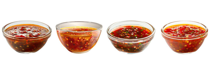 Wall Mural - Set of Chilli sauce on a glass bowl side view isolated on a transparent background