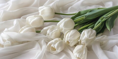 Wall Mural - A bouquet of white tulips on white fabric is a simple and elegant visual composition.