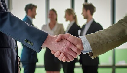 Wall Mural - Business people shaking hands with business team in the background