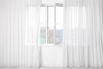 Wall Mural - Modern open metal-plastic window with tulle