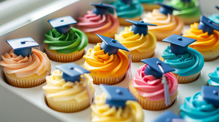 A box of colorful cupcakes decorated with miniature graduation hats on top.