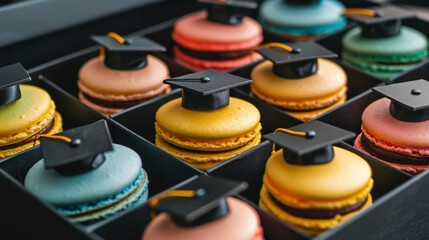 A box of colorful macaroons decorated with miniature graduation hats on top.