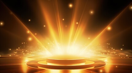Poster - Podium with golden light lamps background. Golden light award stage with rays and sparks