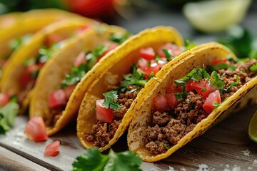 Wall Mural - Mexican tacos with ground beef, tomatoes, and cilantro