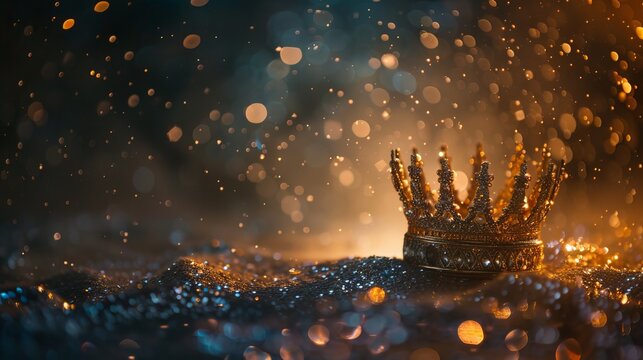 A low-key image featuring a beautiful queen or king crown atop a glittery table, evoking the allure of fantasy and the medieval period. 