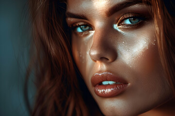 Wall Mural - Fashion editorial Concept. Closeup portrait of stunning pretty woman with chiseled features, brown natural earthy makeup. illuminated with dynamic composition and dramatic lighting. copy text