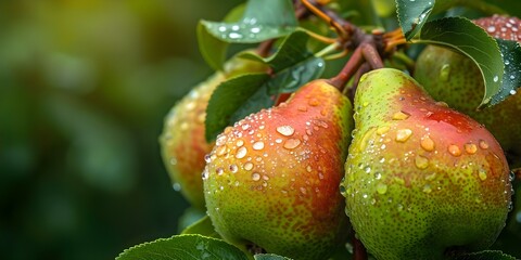 Wall Mural - Ripe green pears on a tree branch with water drops in close-up. Concept Fruit, Green, Pears, Nature, Close-up