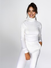 Wall Mural - Stylish young brunette woman smiling on a white background. Beauty and fashion. Style.