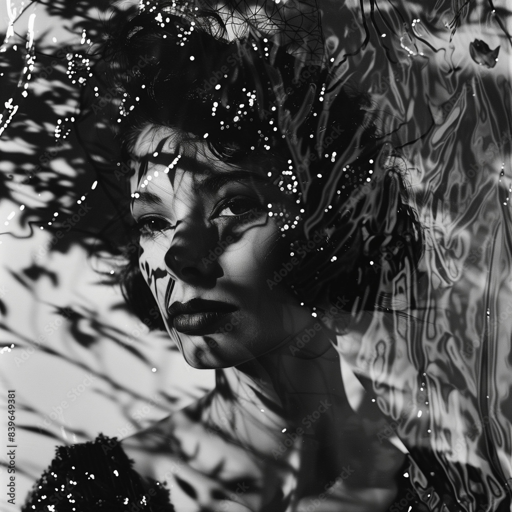 Abstract black and white portrait of a woman with intricate shadows and ...