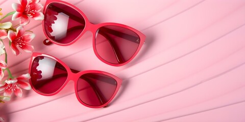 Wall Mural - Pink sunglasses on pink background in sunlight shadow summer fashion flatlay. Concept Summer Fashion, Flatlay Photography, Pink Sunglasses, Sunlight Shadow, Stylish Props