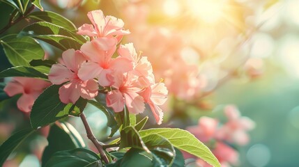 Close-up of pink flowers with green leaves in soft sunlight