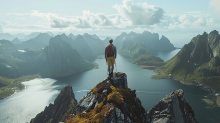 Amazing epic shot of young man hiker stand on top of mountain after long difficult hike in Lofoten Islands in Norway. Incredible summer views of scandinavian travel lifestyle. Epic landscape in north