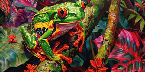 Wall Mural - Vibrant Red-Eyed Tree Frog Close-Up