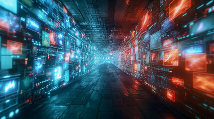Poster - A digital corridor filled with glowing screens displaying data streams and code, creating an endless flow of information