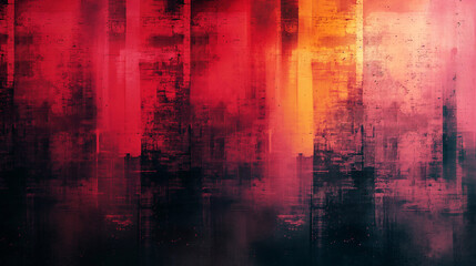 Poster - A digitally created abstract cityscape painting in shades of red and orange, with a warm, glowing, and slightly distressed aesthetic