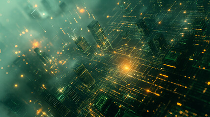 Poster - A futuristic cityscape rendered in digital art, showcasing interconnected towers and glowing lines, evoking a sense of a technologically advanced society