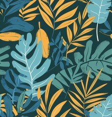 A seamless pattern of tropical leaves in pastel colors