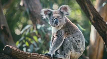 Wall Mural - A koala sitting on a tree branch, looking around