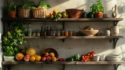 Wall Mural - A colorful display of various fruits and vegetables on a shelf, ideal for promoting healthy eating or highlighting a farmers market