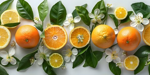 Wall Mural - Arrangement of Citrus Fruits, Leaves, and Flowers in a Flat Lay Design on White Background. Concept Flat Lay Styling, Citrus Arrangement, White Background, Seasonal Fruit Display