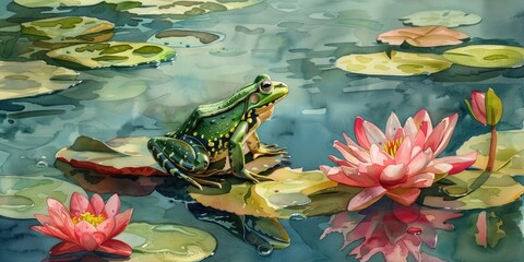 Wall Mural - Detailed Frog in a Vibrant Pond