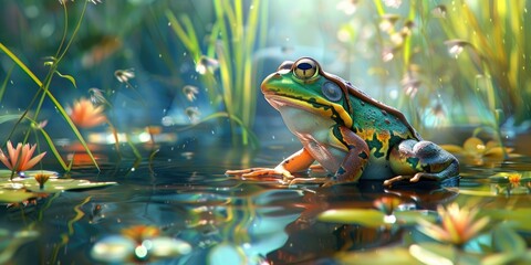 Sticker - Vibrant Frog in a Lush Water Habitat