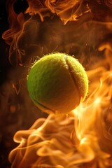 Wall Mural - A tennis ball engulfed in flames against a fiery backdrop, suitable for use in imagery related to heat, energy or danger