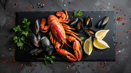 Wall Mural - Freshly cooked lobster and mussels with lemon wedges on a slate platter. Gourmet seafood dish, perfect for fine dining and culinary presentations
