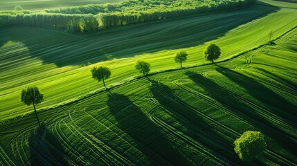 Wall Mural - green and black contrasted lines of pl row fields with trees, spring light, aerial view, photography