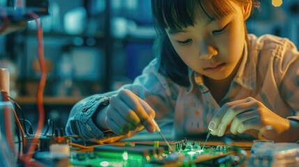 Poster - A young woman is focused on assembling and testing a circuit board in a well-lit workspace