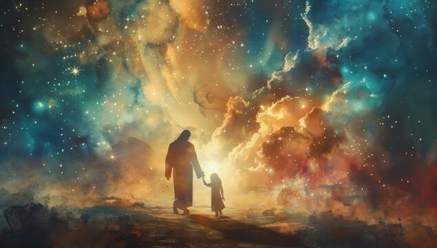 Jesus walking with his little girl, a light from heaven surrounding them, ethereal clouds