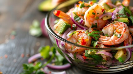 Wall Mural - Exquisite shrimp ceviche with avocado, red onions, and cilantro in a glass bowl on a light wooden table. Gourmet and healthy seafood salad