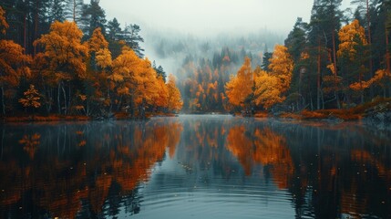 Wall Mural - autumn lake scenery, a tranquil lake encircled by trees displaying golden and red leaves, epitomizing the beauty of autumn in the woods