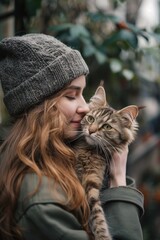 Wall Mural - A close-up image of a woman cradling a cat in her arms, capturing a moment of tenderness and affection