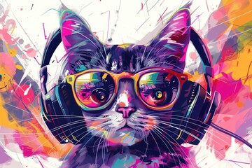  A feline friend listening to music or studying with eyeglasses