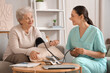 © Pixel-Shot - Senior woman with physical therapist measuring blood pressure at home