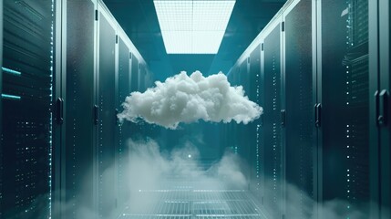 Wall Mural - Large cloud within a data center. Sustainable data computing background.